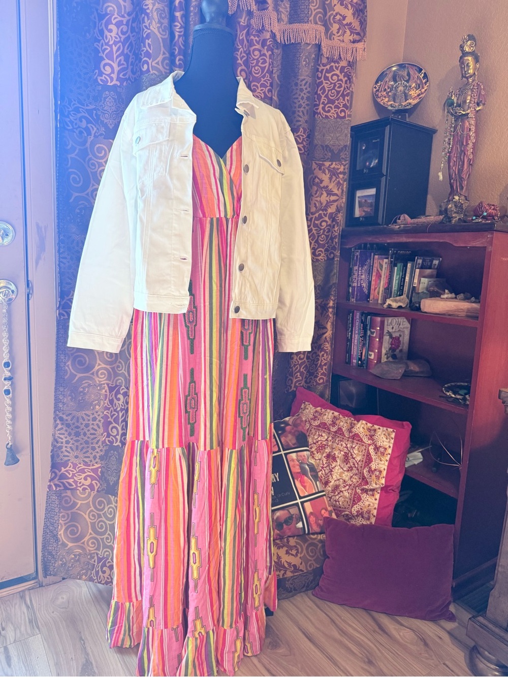 Womenβs Pink Multi-Stripe Maxi Dress with White Jacket